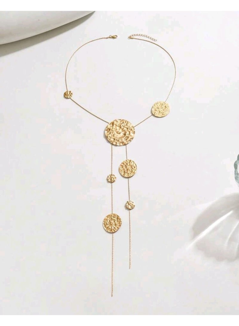 شي إن قلادة نسائية واحدة على شكل حرف Y، قلادة عصرية غير متماثلة بتصميم هندسي دائري مطروق مع شرابة طويلة - Image 5